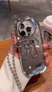 With Lanyard Glitter Bear Flip Lens Phone Case for IPhone 16 Pro Max 11 12 13 14 15 Pro Max 16 Plus Soft Tpu Casing Plating Gradient Cover