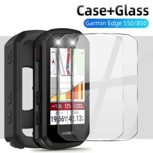 2-in-1 Kit: Silicone Case & 2 Tempered Glass for Garmin Edge 550/850 GPS Bike Computer Protective Cover + Dual Screen Guards