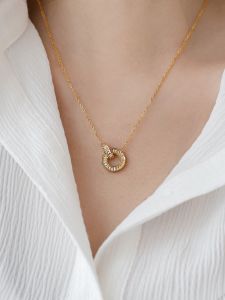 KUZH | Luxurious 18K Gold Plated Double Circle Crystal Zircon Necklace Golden Short