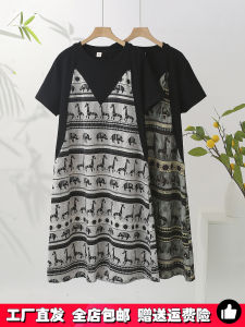 ชุดเดรสยาวผู้หญิงสไตล์เกาหลี ทรงหลวม แขนสั้น ทรงเอ ลายสัตว์ กระโปรงยาวปานกลาง ฤดูร้อน 2025 ขนาดใหญ่ เอวสูง เอวกระบอก