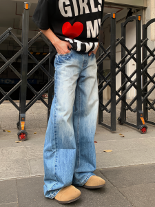 Cleanfit American Retro Washed Blue Lightning Crack Wide Leg Loose Straight Jeans Mens Casual Comfortable Classic Denim Pants