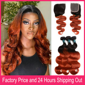 Ombre Orange Human Hair Bundles With Closure Brazilian Body Wave 1B/350 Human Hair Weaving And 4x4 Swiss Lace Closure Free Part