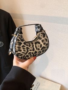 Mini Leopard Print New Moon Bag Womens Fashionable Versatile Handbag Color Block Stitching Handheld Bag Stylish Trendy Handbag