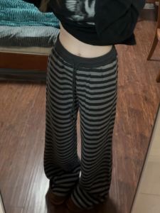 Loose Fit Knitted Wide Leg Pants High Waist Casual Striped Straight Leg Floor Length Trousers for Women Autumn Winter Style