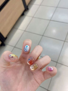 Nhựa Móng Tay Ngắn Màu Cầu Vồng Dễ Thương Mới Mùa Hè HuChen Macaron Cat Eye Tự Làm Móng Tay Thủ Công Nhựa Móng Tay Màu Trắng