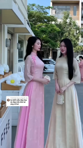 Áo dài cách tân nữ thiết kế 4 tà thêu hoa cổ trụ đính nơ lụa tơ kim sa mềm mại mặc lễ tết màu Hồng Be Áo dài Hoàng Kim Anh