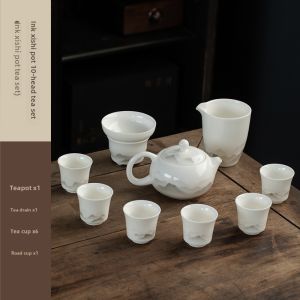2024 New Arrival Ink Kung Fu Tea Set Suit For Home White Jade White Ceramic Lidded Bowl Teapot Tea Cup Gift Box Gift
