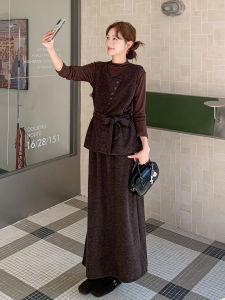 Caramel Colored Three-Piece Set Womens Fashion Casual Autumn New Style Inner Vest High Waist Skirt Long Sleeve round Neck