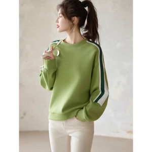 เสื้อสเวตเตอร์คอกลมแขนยาวผู้หญิง 2025 ฤดูใบไม้ผลิ ใหม่ ดีไซน์ลายทาง ดีไซน์สีบล็อก แฟชั่นสปอร์ต เสื้อคลุมกันหนาวแบบสวมหัว