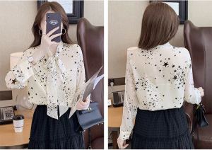 STOCK+COD New Korean Fashion Loose Blouse Chiffon Long Sleeve Printed Top Ladies Shirt