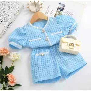 [1-7th] SETELAN ANAK CELANA PENDEK PEREMPUAN BIRU KANCING MUTIARA TANPA TAS (SET BLUE)