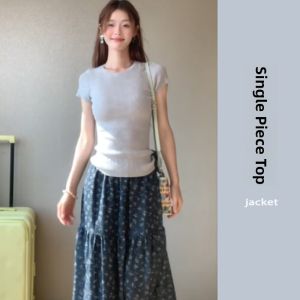 YUEZHONGWEI | Gray Round Neck Ice Silk Knitted Short Sleeve T-Shirt Women Summer Slim Fit Short Style Top Comfortable Breathable Korean Version