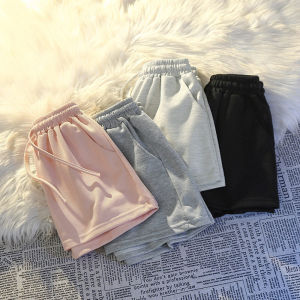 กางเกงขาสั้นลําลองกีฬาผู้หญิงสีชมพูหลวมเอวสูงผ้าฝ้ายผสมโพลีเอสเตอร์สําหรับฤดูร้อนพอดีสบายพร้อมกระเป๋า