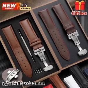 New With Wooden Box Genuine Calfskin Leather Strap 18mm 20mm 22mm 14mm 16mm Butterfly Buckle Wristwatch Strap Replace Watch Band