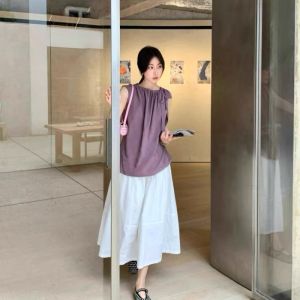 VKSOD | ชุดสองชิ้นสีม่วง ชุดทำงานสไตล์ฝรั่งเศสสำหรับผู้หญิง แขนกุด เอวสูง สไตล์หวานๆ ฤดูร้อน 2025 คอกลม