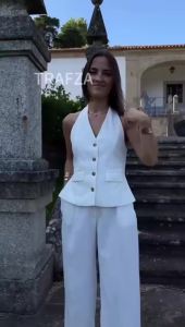 HH Women Minimalist Set Halter Neck Vest Zip Straight Trousers Office Workwear Business Casual Weekend High Street Suit