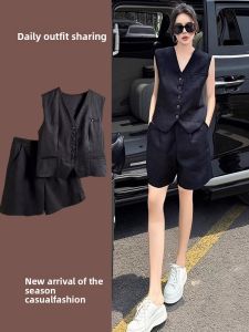 LIANGYILAILIN | Elegant Vintage Style Vest and Casual Shorts Set