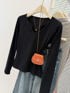 Slim Fit V-Neck Long Sleeve T-Shirt Womens Spring Autumn Korean Style Base Shirt Inner Wear Outer Wear Top Cotton Blend