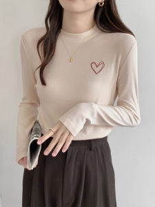 เสื้อยืดคอกลมแขนยาวผ้าเดนิมสองหน้าสำหรับผู้หญิง เสื้อชั้นในแฟชั่นฤดูใบไม้ร่วง/ฤดูหนาว ทรงสลิมฟิต สไตล์เกาหลี ปกติ