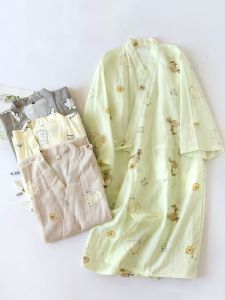 Cotton Kimono Style Sleepwear Thin Pure Cotton Belted Open Cardigan Long Sleeve for Couples Spring Summer Home Clothes