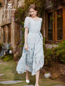 XIANGYING | Shoulder Off Bubble Sleeve Mid-length Dress