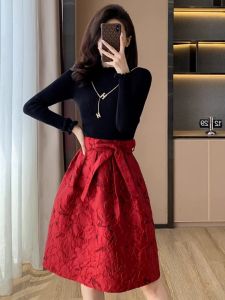 Elegant Red Slim Fit Dress Womens High Waist A-Line Skirt Style Autumn Winter Fashionable Chinoiserie Puffy Dress