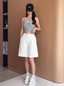 Womens 2026 Summer White Five-Point Denim Shorts Korean Y2K High Waist Loose Slimming Stretch Straight Leg Jeans