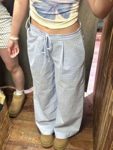 2025 New American Retro Blue Plaid Casual Pants Women Summer High Waist Lazy Walking Straight Leg Wide Leg Pants