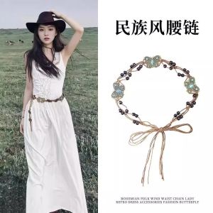 เข็มขัดโบว์ผีเสื้อสไตล์โบฮีเมียนสำหรับเดินทาง กระโปรงยาวผ้าโพลีเอสเตอร์ เข็มขัดรัดเอวสไตล์โบฮีเมียน