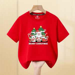 Red Short Sleeve Childrens T-Shirt Christmas Cartoon Santa Claus Deer Print Kids Casual Cotton Top for Boys And Girls