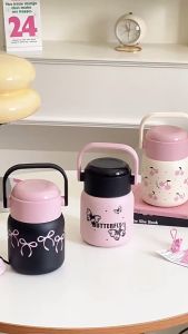 Ly giữ nhiệt  cốc ủ cháo Black Pink nơ hồng cute có quai xách 500ML +TẶNG KÈM THÌA