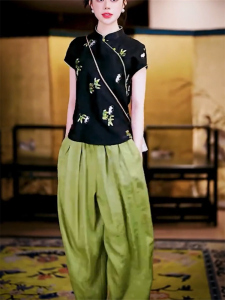 Spring Dawn Fragrant Cloud Silk Two-Piece Set 2025 Summer New High-End Fashionable Reformed Cheongsam Top Balloon Pants Set