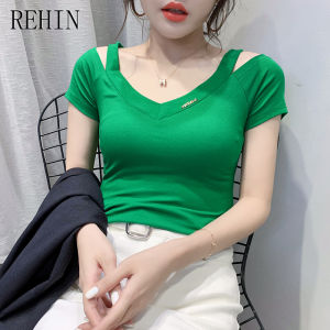 REHIN Summer strapless stitching V-neck All-match striped short-sleeved T-shirt Slim Fit elegant Trendy womens top