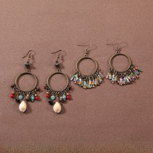 Beach Vacation Fashion Earrings Womens Turquoise Shell Flower Bohemian Studs Alloy Gold Plated Ethnic Style Jewelry