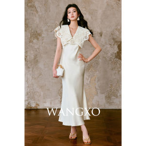 WANGXO | Heavy Embroidered Double Layer Lace Hollow V-Neck Shaping Waist Fish Tail Dress