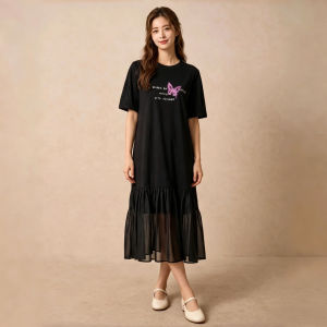 Loose Round Neck Dress with Butterfly and Letter Print