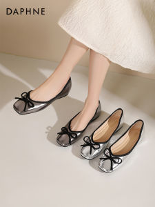 Daphne French Style Gentle Womens Flat Shoes with Bow Knot Square Head Casual Fashionable Comfortable Low Heel Mom Shoes