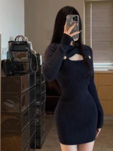 Dark Blue Hollow out Long Sleeve Knitted Dress Womens Tight Short Skirt High Waist Bodycon Skirt Autumn Season Fashionable