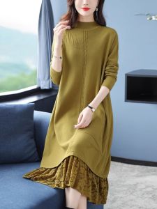 Autumn Winter Long Lace Splice Knitted Sweater Womens Loose Fit Cashmere Cardigan Knee-Length over Dress Pure Color Knitwear