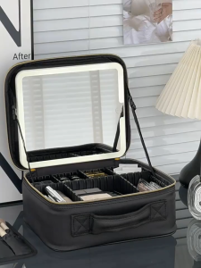 UUOY Makeup Bag with Mirror of LED Lighted Waterproof Large Storage Cosmetic Bag with Adjustable Dividers