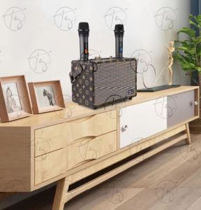 TG QIXI SK-2036 Wireless Bluetooth V5.0 Speaker Shocking Sound Wooden Design Karaoke Speaker with 2 Wireless Microphone
