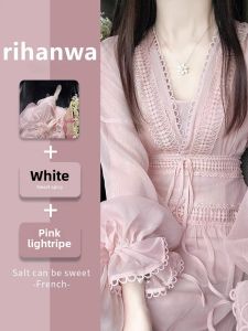 French Style Pink V-neck Lantern Sleeve Dress Womens Fall plus Size Dopamine Wear Classy Exquisite Long Yarn Skirt