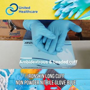 IRONskin 300mm Long Cuff Powder Free Nitrile Blue Glove 50&100 Pcs/ Box Cleaning General Multipurpose