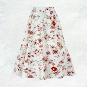 Printed Design Red & White Large Floral Print All-Season Womens Maxi Skirt Casual Elastic Waist A-Line Half Skirt