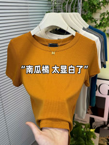 ยืดได้ เสื้อยืดสีทึบผู้หญิง ฤดูร้อน 2024 พลัสไซส์ สลิมฟิต คอกลม แขนสั้น อินเทรนด์ ความยาวไหล่ เสื้อท่อนบน