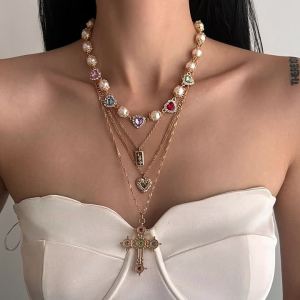 Ingemark Multilayer Rhinestone Love Heart Imitation Pearl Chain Necklace Women Creative Jesus Cross Pendant Choker Y2K Jewelry