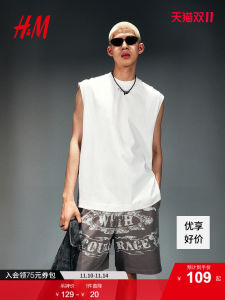 H&M Mens Vest 2025 Summer New Washed Vintage American Sleeveless Printed Top Loose Fit round Neck Cotton 100% Sweat Vest