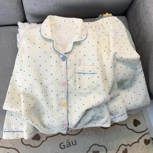 Bộ Đồ Ngủ Nữ Phong Cách Hàn Quốc Chấm Bi Nhiều Màu Sắc Cổ Áo Cách Điệu Dễ Thương Mặc Nhà Thoải Mái 2 Món Thu Đông Dài Đến Mắt Cá Chân