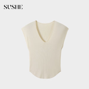 SUSHE | Big V-Neck Wrapped-Shoulder Flutter-Sleeve Short-Sleeve Ribbed Knit Womens Summer Blouse