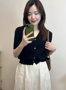 SHUQINGLAI | Black Ice Silk Knit Short Sleeve T-shirt V-neck Slimming Design